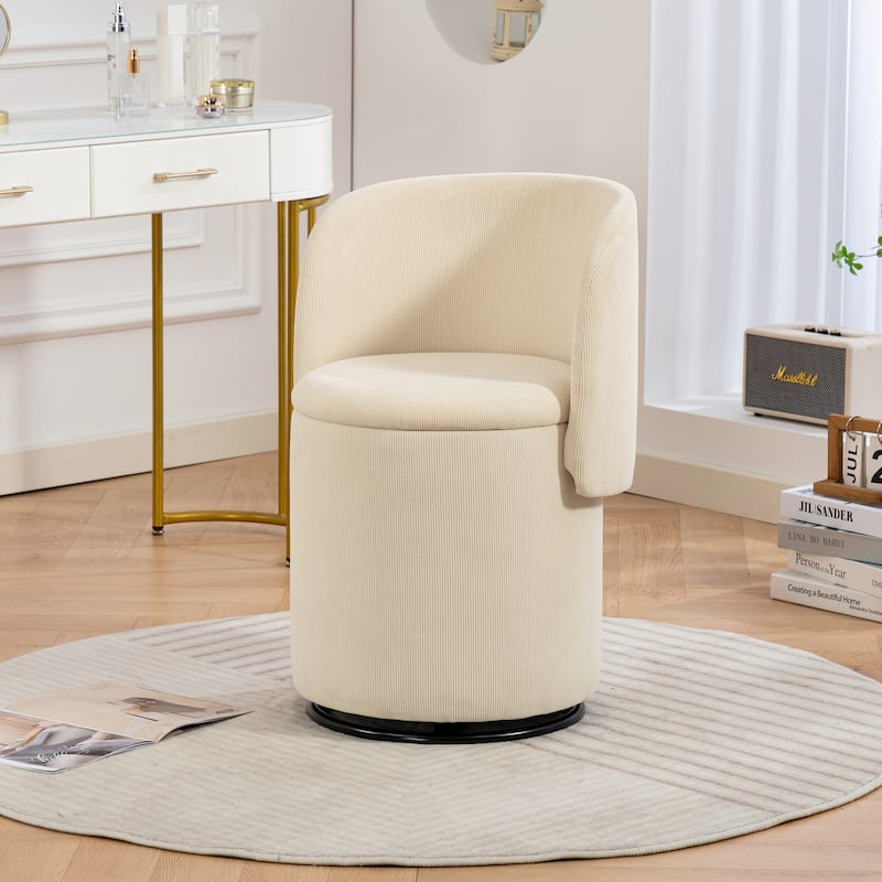 Stylish Upholstered Barrel Chair: 360°Swivel Vanity Stool for Bedroom & Dining Chair, Built-in Storage, Soft Padded Accent Seat - Beige