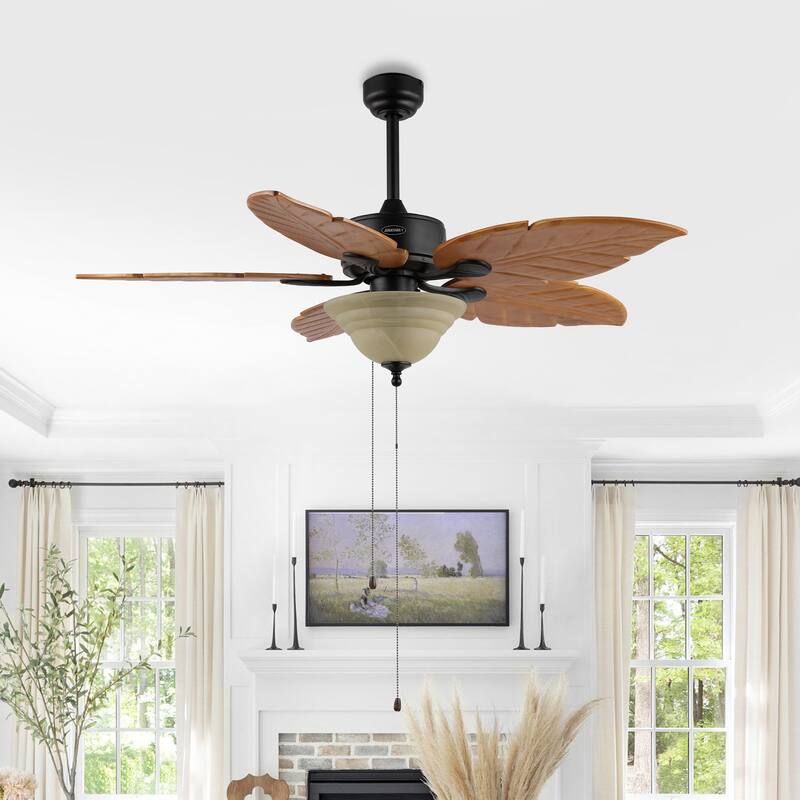 Owen 52" 3-Light Coastal Bohemian Iron/Wood Palm Leaf LED Ceiling Fan with Pull Chain, by JONATHAN Y