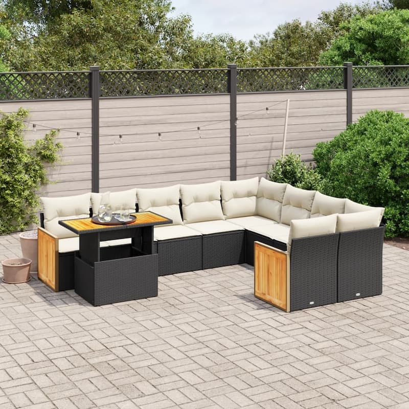 vidaXL 10 Piece Patio Sofa Set with Cushions Black Poly Rattan - 21.7" x 24.4" x 27.2" - Black and cream