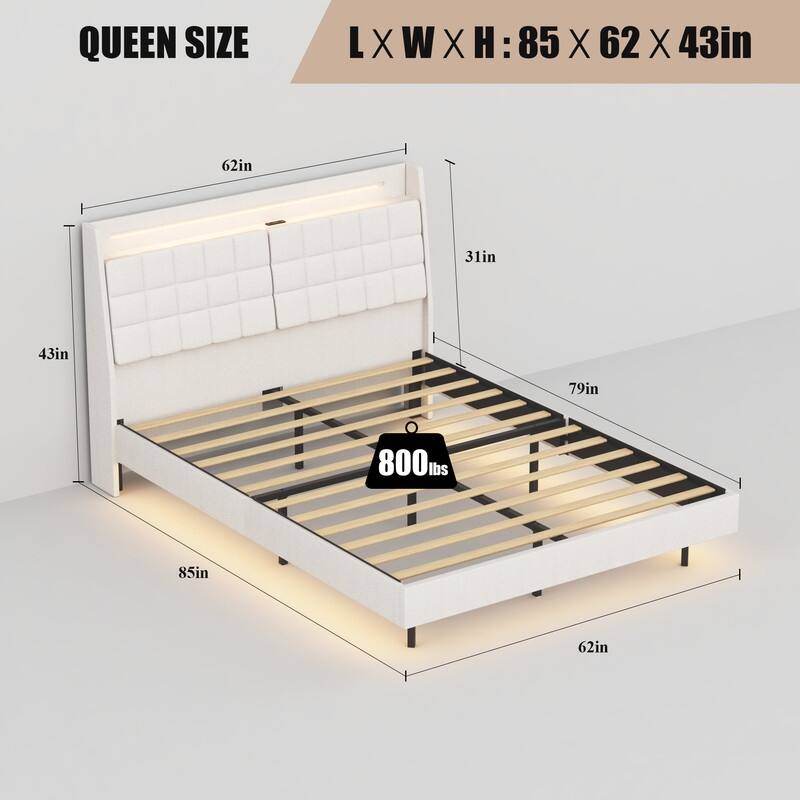 Queen Size Upholstered Floating Platform Bed with LED Light and Charging Station