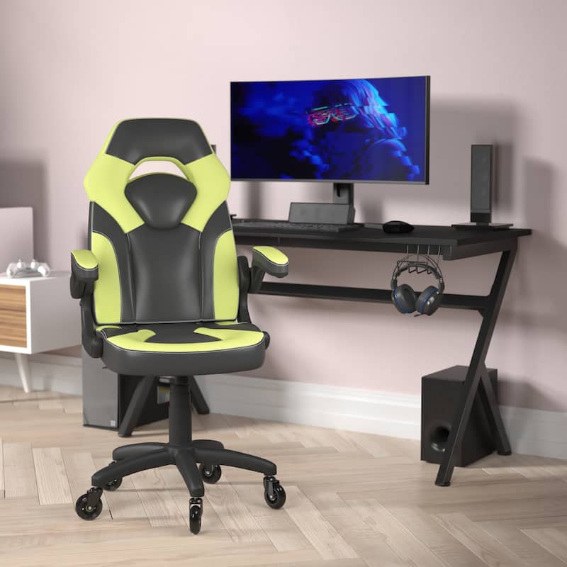 Office Gaming Chair with Skater Wheels & Flip Up Arms - LeatherSoft - Green
