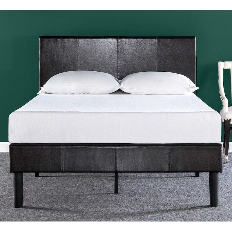 Queen Espresso Faux Leather Platform Bed Frame with Headboard - Pictured
