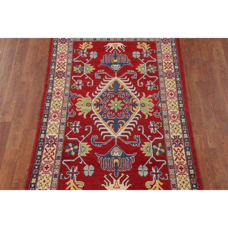Red Geometric Kazak Rug Handmade Oriental Foyer Wool Carpet - 3'3" x 5'5"