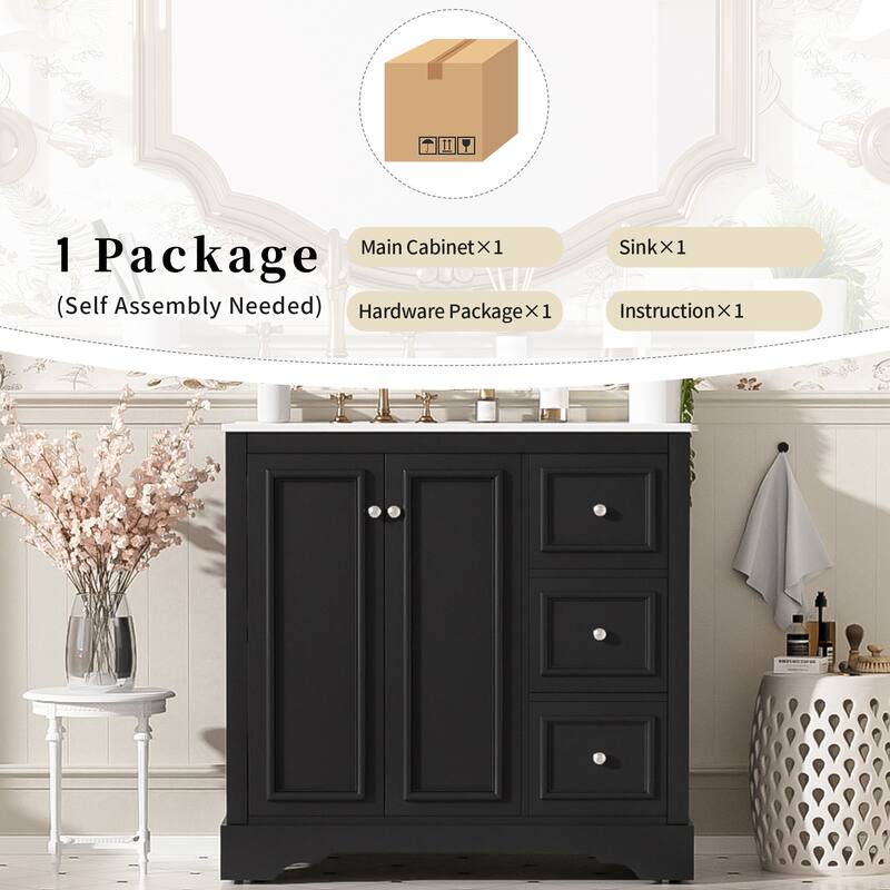 36" Transitional Bathroom Vanity with Ceramic Sink - 2 Soft-Close Doors, 3 Drawers (1 Divided), U-Shaped Shelf, Painted Finish
