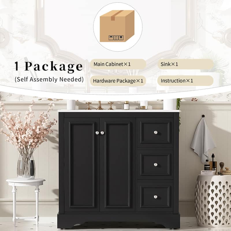 36'' Bathroom Vanity with ceramic sink Bathroom Storage Cabinet with Adjustable U-shaped shelf and 3 drawers