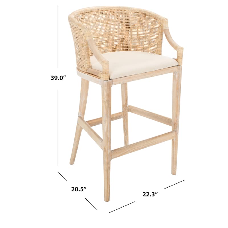 SAFAVIEH Brando Solid Wood Rattan 30-inch Seat Height Bar Stool (Fully Assembled) - 22.3" W x 20.5" L x 39" H