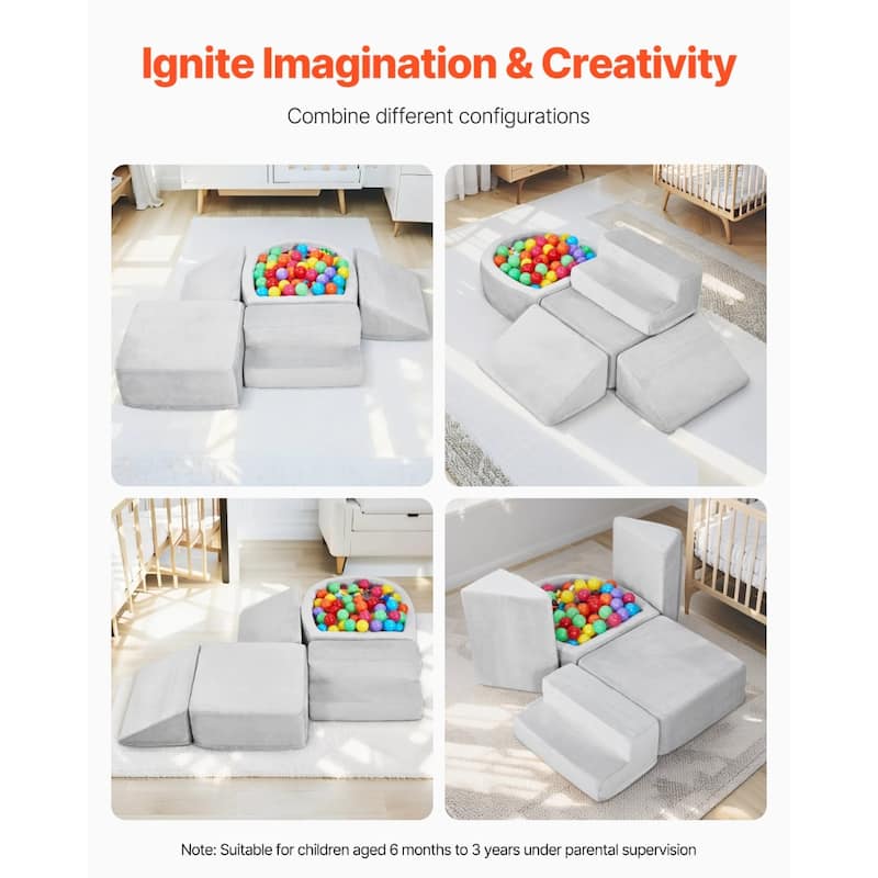 White Crystal Velvet Foam Climbing Blocks Set, 5 Piece Modular Playset for Kids - N/A