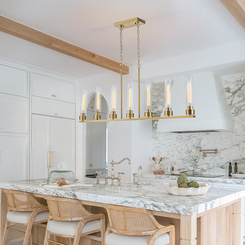 Modern 7-Light Linear Pendant Light with Clear Ribbed Glass