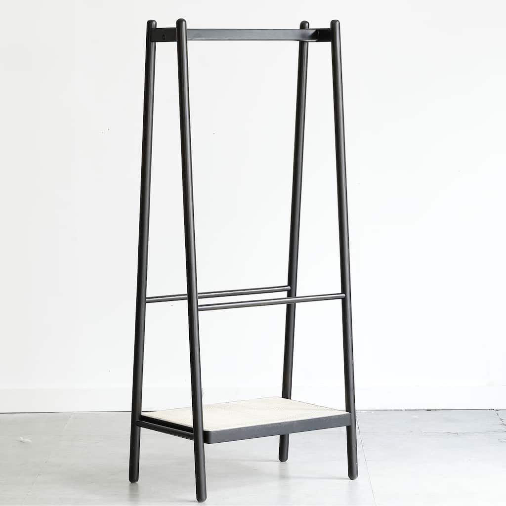 GDFStudio - Elora Solid Oak Wood Standing Hanger with Rattan Accents and Storage Shelf