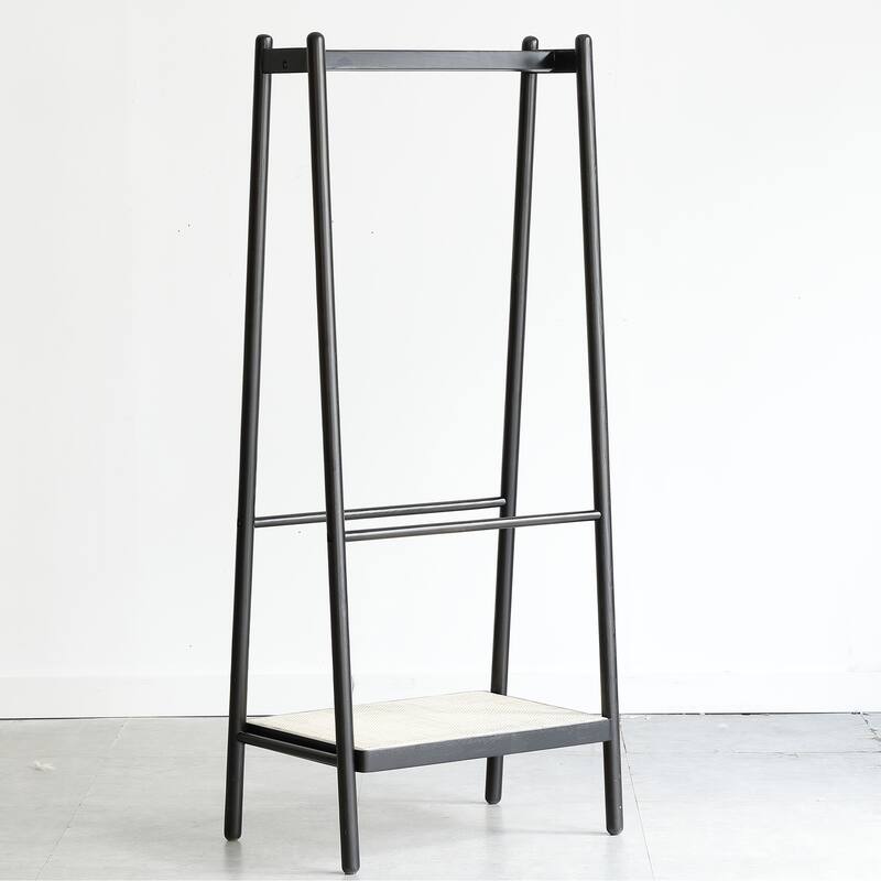 Solid Oak Wood Clothes Rack, Black Rattan Hanger Rack-clothes Rack with Shelves, Cloth Hanger Standing Garment Racks