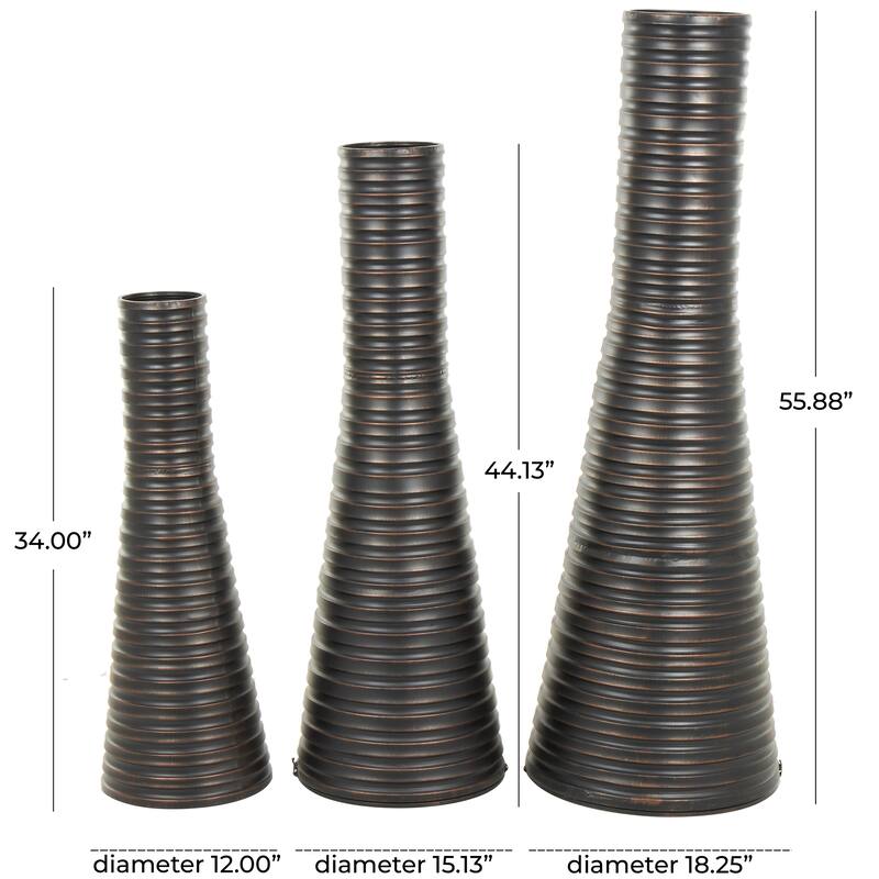 Bronze Metal Ribbed Tall Cone Floor Decorative Vase with Horizontal Grooves (Set of 3)