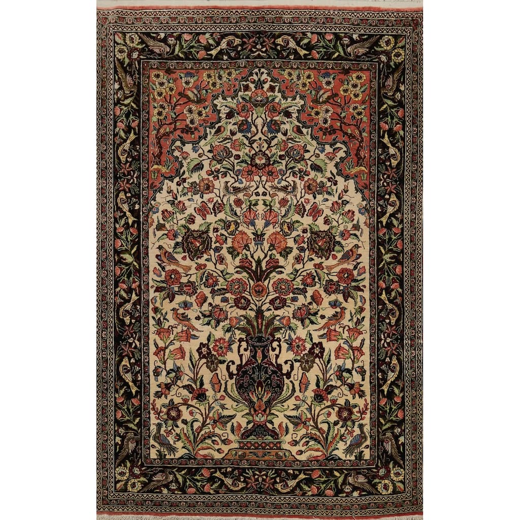 Hand Knotted Oriental 100% Silk Carpet Traditional Floral Beige & Ivories Qum Area Rug - 5' 3'' X 3' 6''
