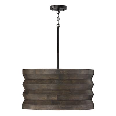 22" W x 12" H 1-Light Pendant in Matte Black and Handcrafted Mango Wood in Espresso Stain - 22"W x 11.75"H