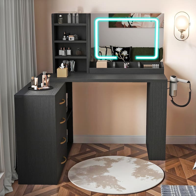 Moasis L-Shape Makeup Vanity Desk with Mirror and Lights & Charging Station