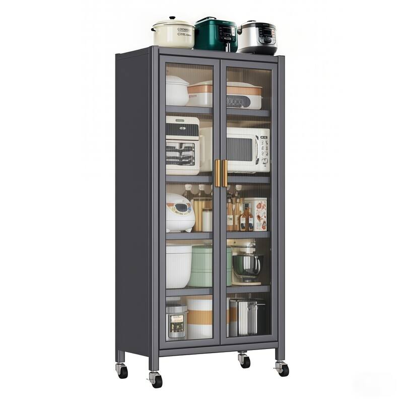 65" Kitchen Pantry Storage Cabinet on Wheels, 6 Tier Metal Display Storage Cabinet with Transparent Door & Adjustable Shelves