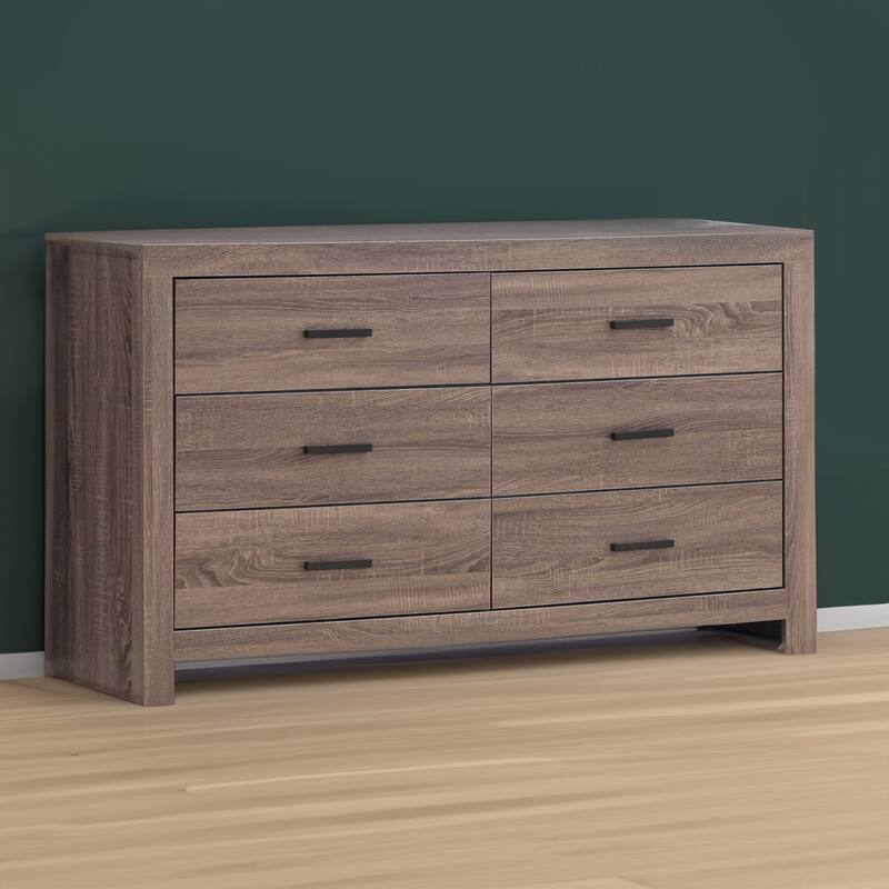 6 Drawer Dresser with Metal Bar Pulls, Brown