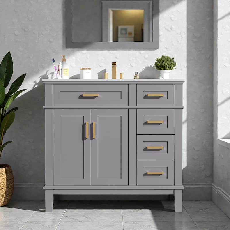 36 Inch Modern Bathroom Vanity with Ceramic Sink, Freestanding Cabinet with Soft Close Doors and 4 Drawers - Grey
