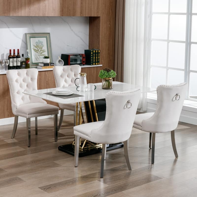 Tufted Solid Wood Velvet Upholstered Dining Chair with Metal Legs,Set of 2