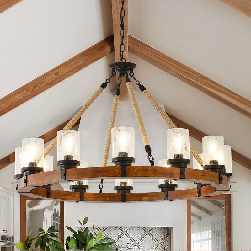 Farmhouse Wagon Wheel Chandelier Round Wood Pendant Lighting Fixture for Dining Room