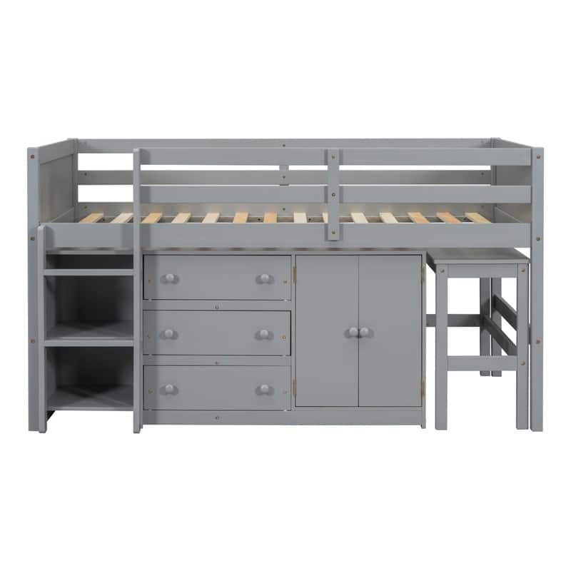 Low Loft Bed With Pull-Out Desk,Drawers,Cabinet and Shelves,Twin Size