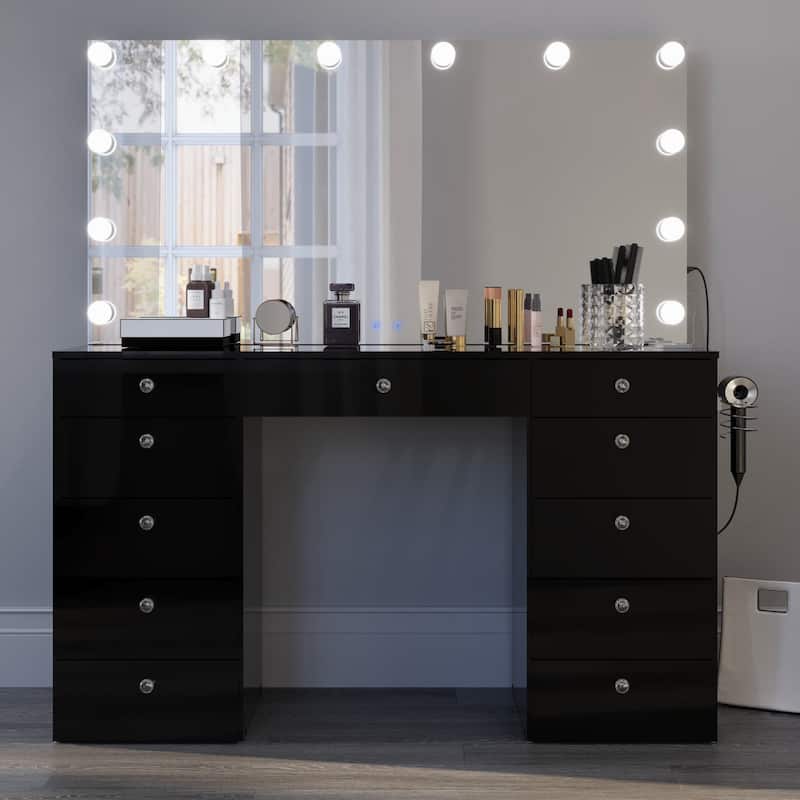 Boahaus Elle Makeup Vanity with Bluetooth Speaker, 12 Lights, and 11 Drawers