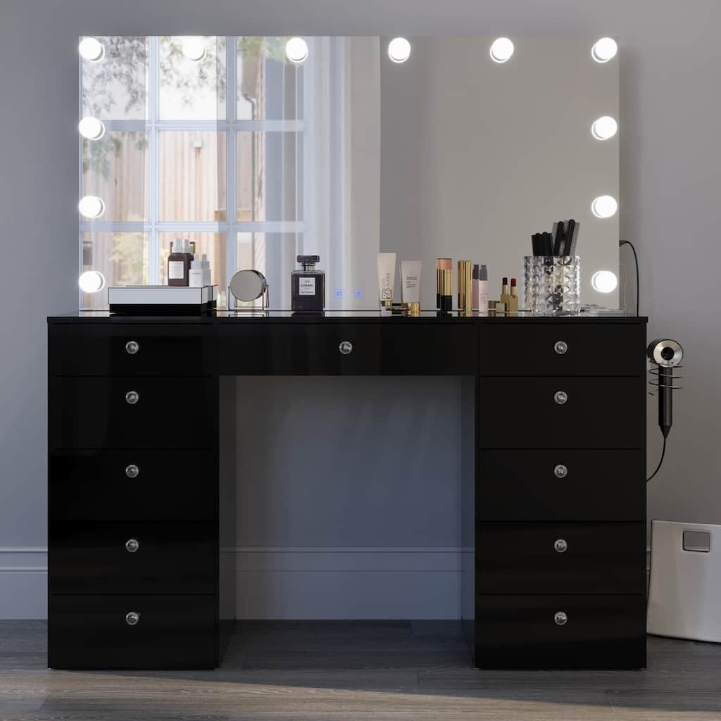 Boahaus Elle Makeup Vanity with Bluetooth Speaker, 12 Lights, and 11 Drawers