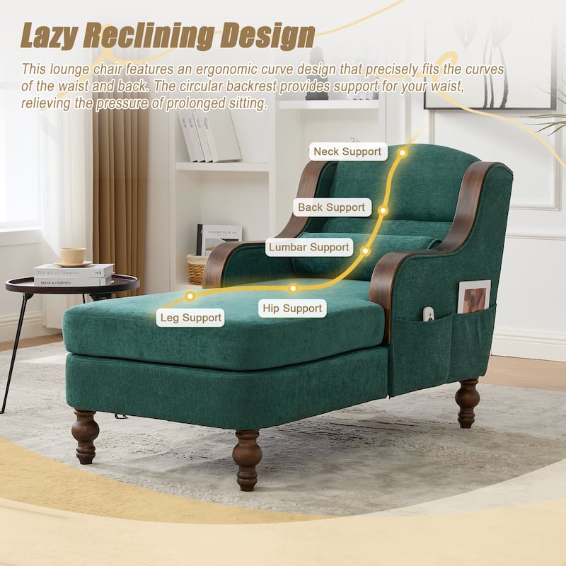 Ergonomic Chaise Lounge Indoor Chenille Single Lazy Sleeper Sofa Bed with Side Pockets, Solid Wood Armrests and Foots