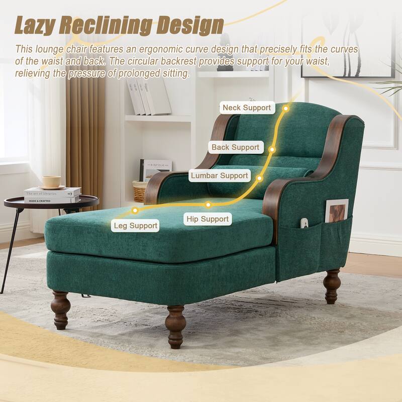 HOMEFUN Chenille Upholstered Wood Frame Oversized Chaise Lounge Single Sofa Bed with Side Pocket for Living Room,Bedroom