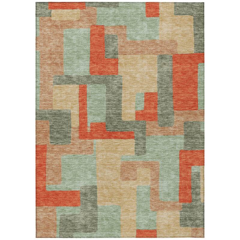 Machine Washable Indoor/ Outdoor Contempoary Blocks Chantille Rug