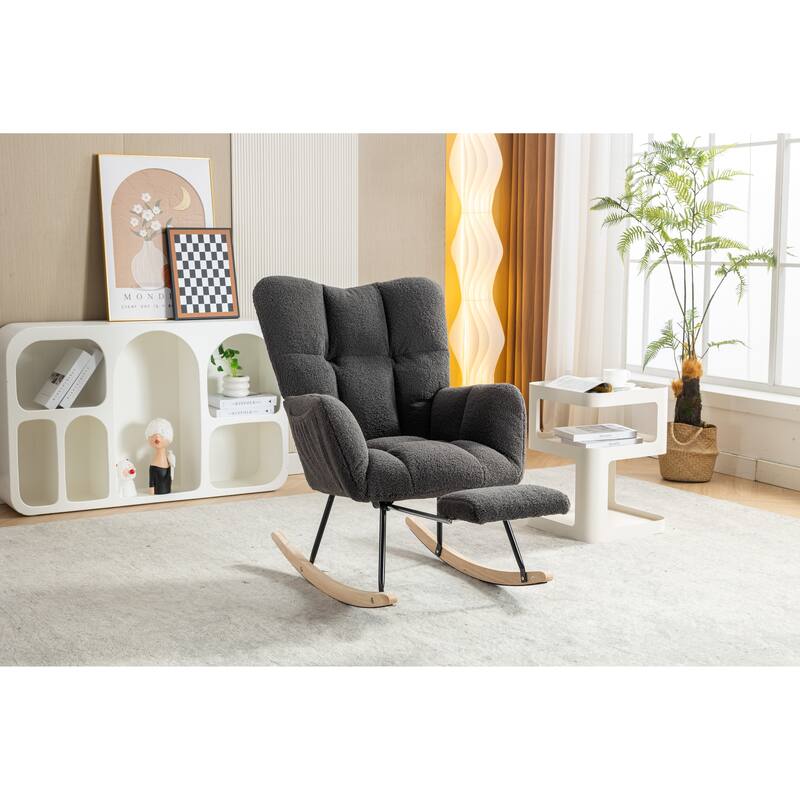 High Backrest Nursery Rocking Chair, Teddy Upholstered Glider Chair with Footrest, Recliner Chair with Solid Wood Legs