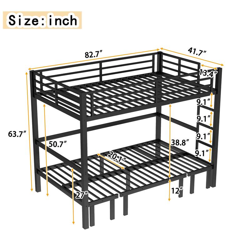 Twin XL Over Twin XL Metal Bunk Bed with Pull-Out Trundle, Convertible 3-Section Lower Bed, Safety Guardrails