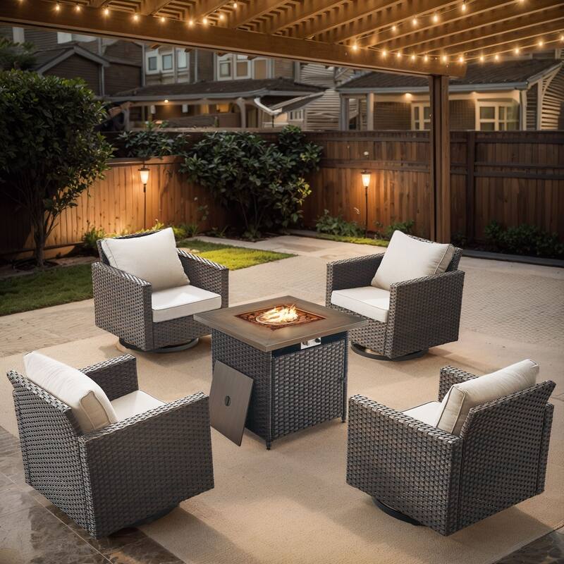 Gymojoy Outdoor Fire Pit Conversation Set, Patio Furniture with Cushions - 5 PCS - Swivel Chair & Fire Pit - Brown Wicker / Beige Cusion