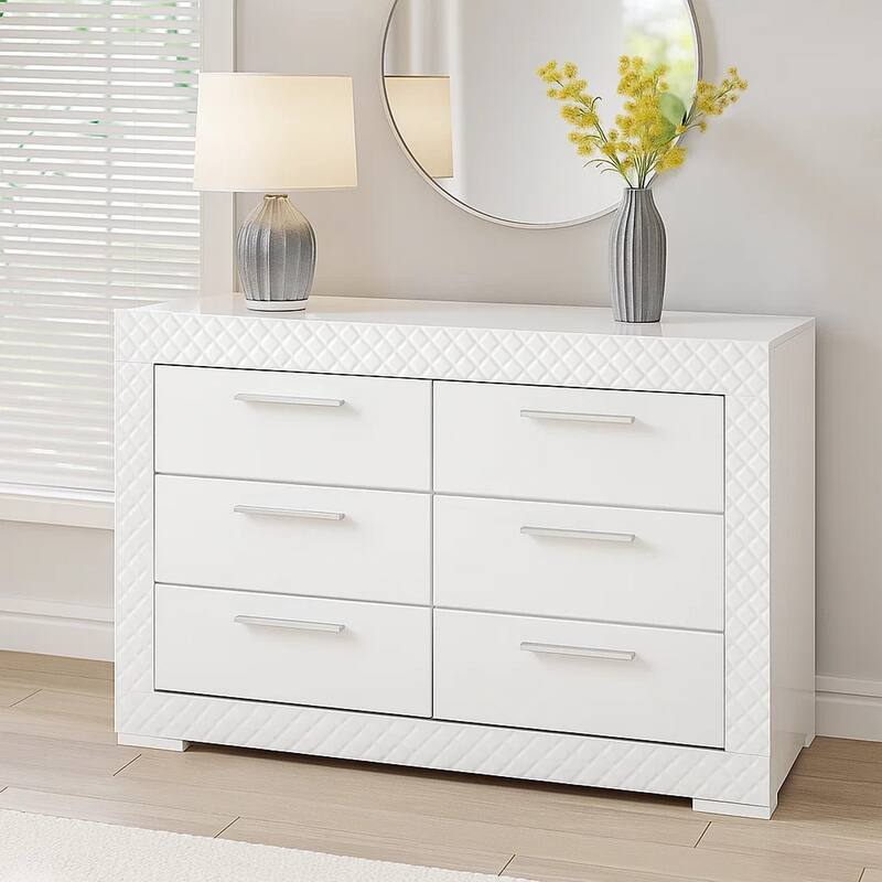 Dema 6 Drawer Wide Dresser, High Gloss White Textured Trim