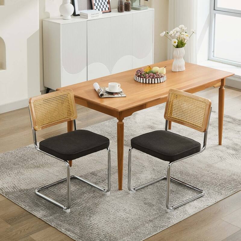 Mid Century Modern Dining Chairs Set of 2, Natural Cane Back & Stainless Chrome Base, Upholstered Rattan Kitchen Chairs