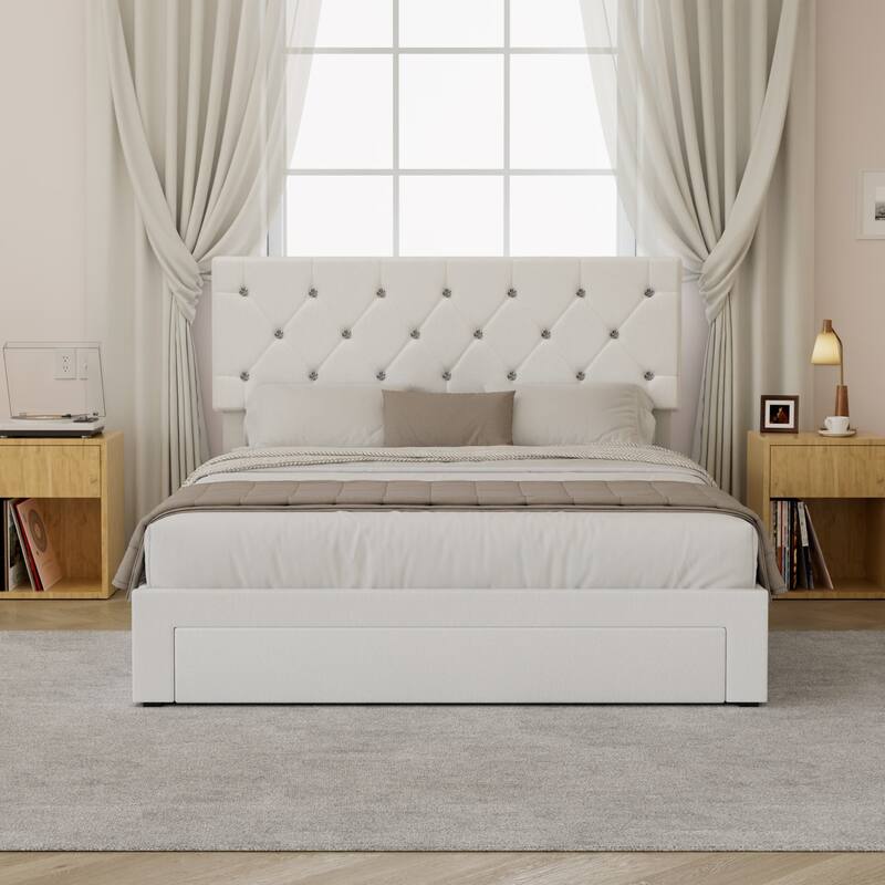 VECELO Bed Frame with Storage Drawers, Leather Upholstered with Diamond Tufted Headboard, Solid Wood Slat Support