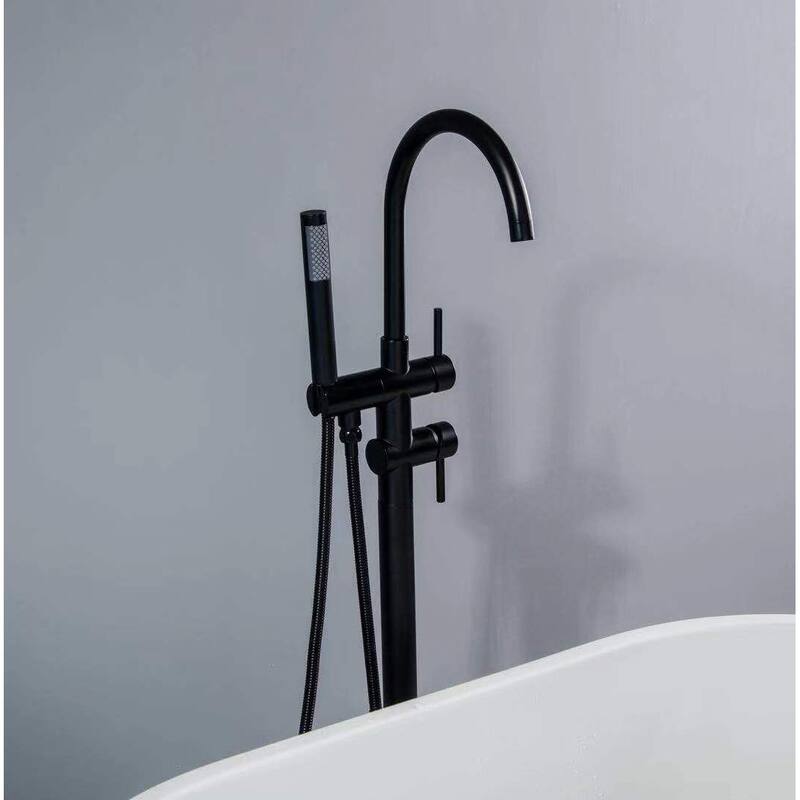 Modern 2-Handle Floor Mounted Freestanding Tub Filler with Handheld Showerhead in Black and Silver