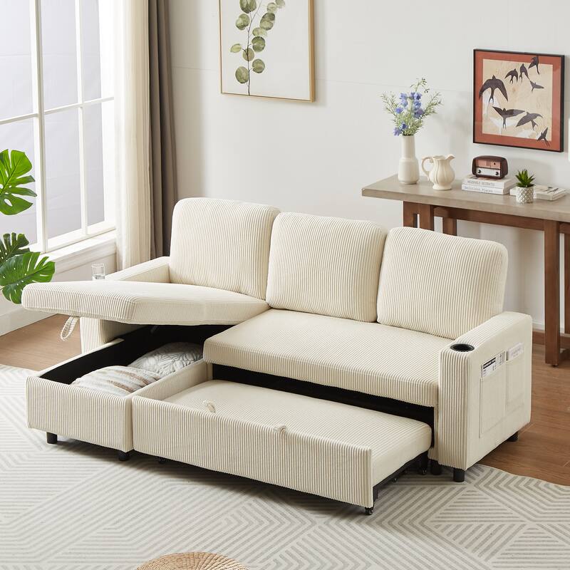 Modern Corduroy Reversible Sleeper Sofa Bed with Pullout Bed, L-Shaped Combo Sofa for Tight Spaces, Living Room, and Office
