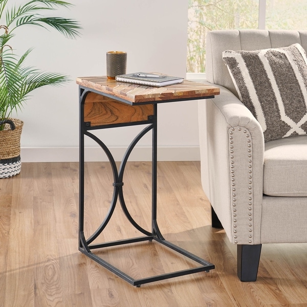 Oakes Mango Wood Handcrafted C Shaped Side Table by Christopher Knight Home - 18.00” D x 14.00” W x 27.00” H. Opens flyout.