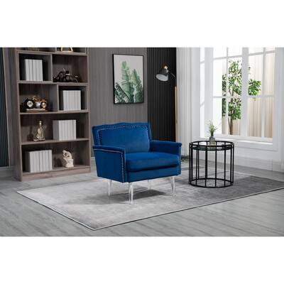 Velvet Accent Chair Upholstered Tufted Armchair w/ Thicken Cushion and Acrylic Feet, Single Sofa Chair w/ Nailhead Trim, Navy