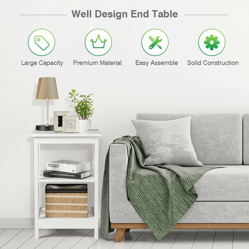 3-Tier Nightstand Side Table with Baffles and Corners-White