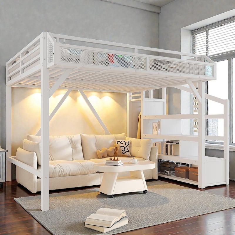 Metal Loft Bed with Storage Stairs, Wardrobe and Shelves, USB Ports and LED Lights, Noise Reduced Frame