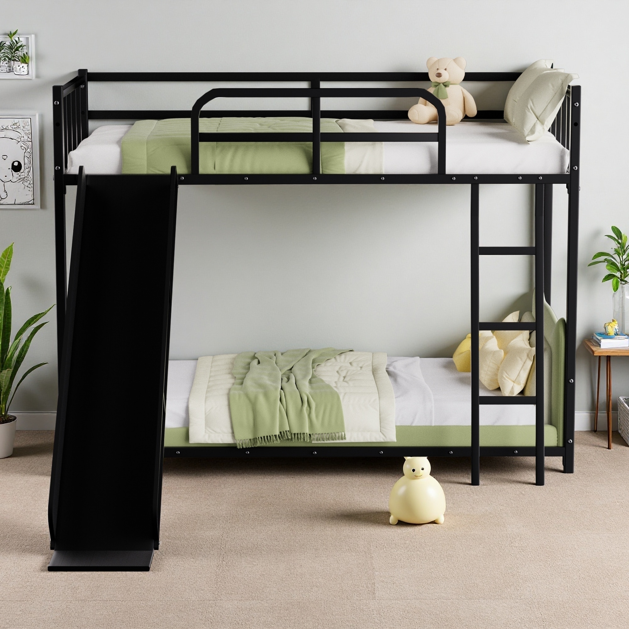 Twin over Twin Metal Bunk Bed with Slide, Ladder and Safety Guard Rails