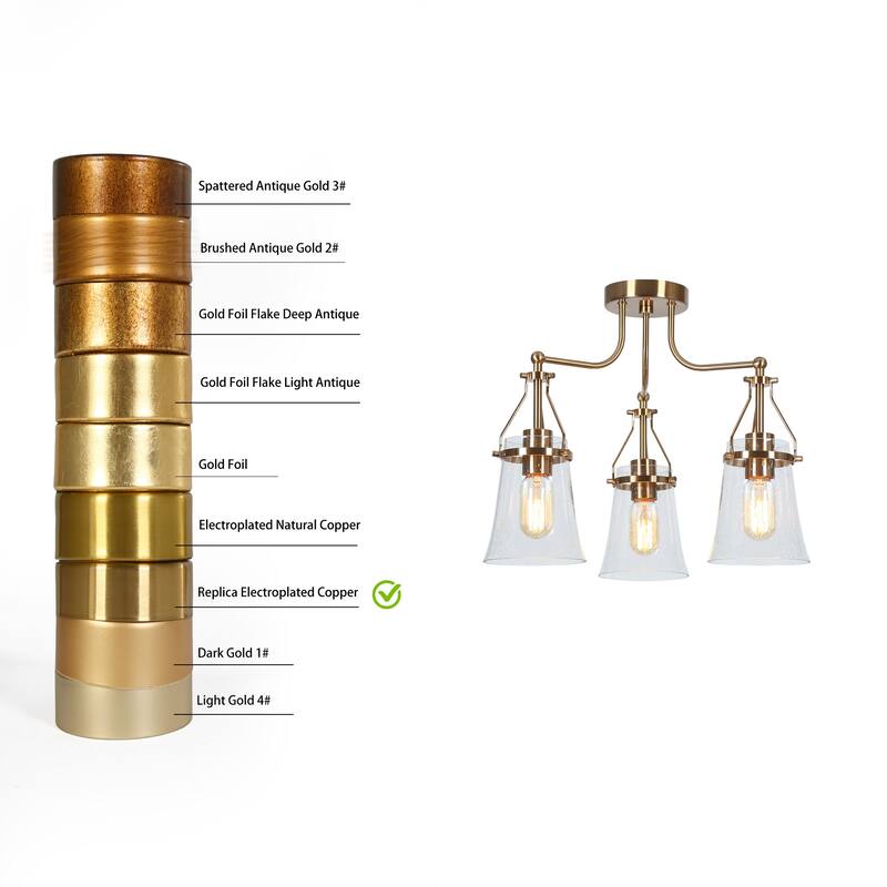 Haye Modern Gold 3-Light Semi-Flush Mount Glass Ceiling Lights - 18.9" D x 15.4" H
