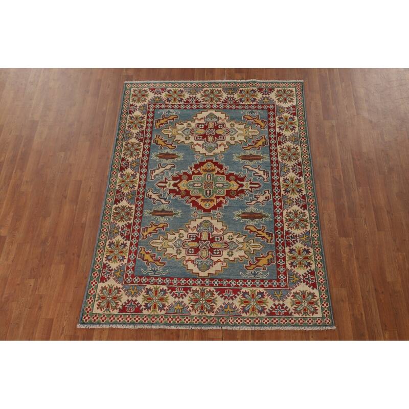 Light Blue Geometric Kazak Area Rug Hand-Knotted Wool Carpet - 4'10" x 6'7"