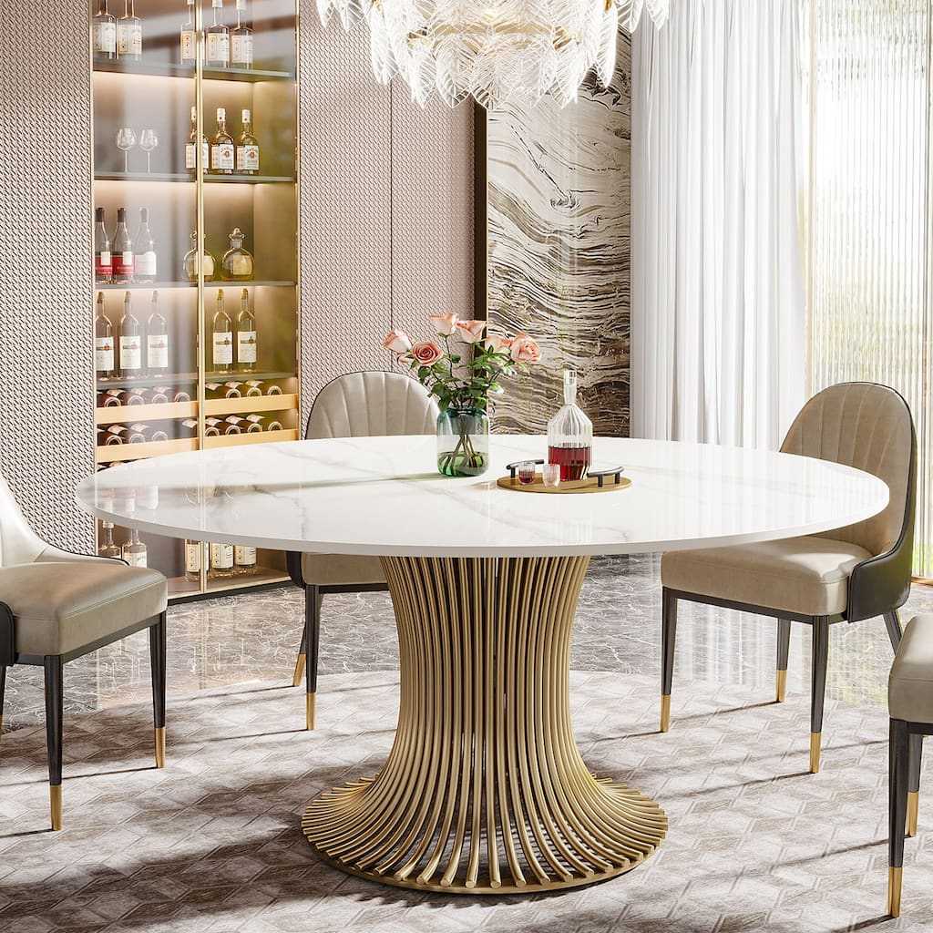 59" Modern Sintered Stone Round Dining Table for 6-8 People ,Gold Pedestal Kitchen Table - 59"D