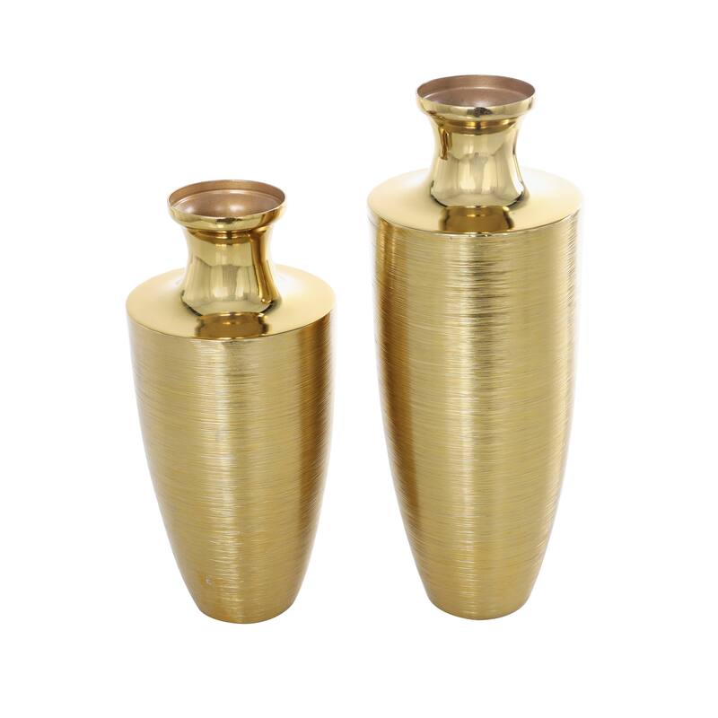 Aluminum Metal Brushed Textured Vase - Set of 2 Gold - Roche River Decor - 6"W x 6"L x 15"H