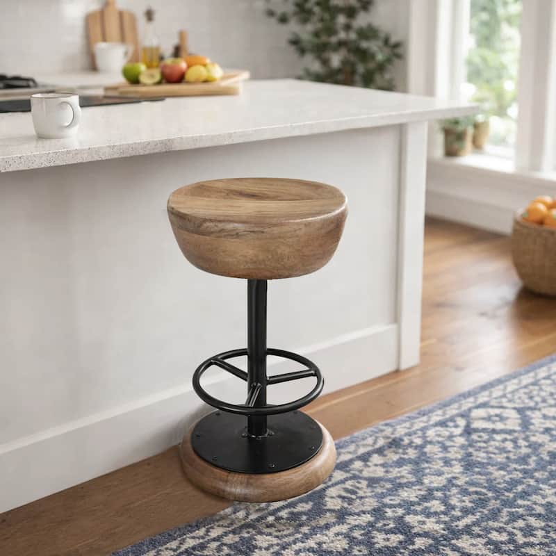 Rustic Charm Swivel Counter Bar Stool 24 Inch Handcrafted, Brown Mango Wood Round Seat, Black Iron Base with Footrest