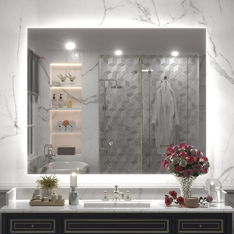 Frameless Anti-Fog 3 Colors Dimmable LED Backlit Wall Bathroom Vanity Mirror - 44" x 36"-Rectangular