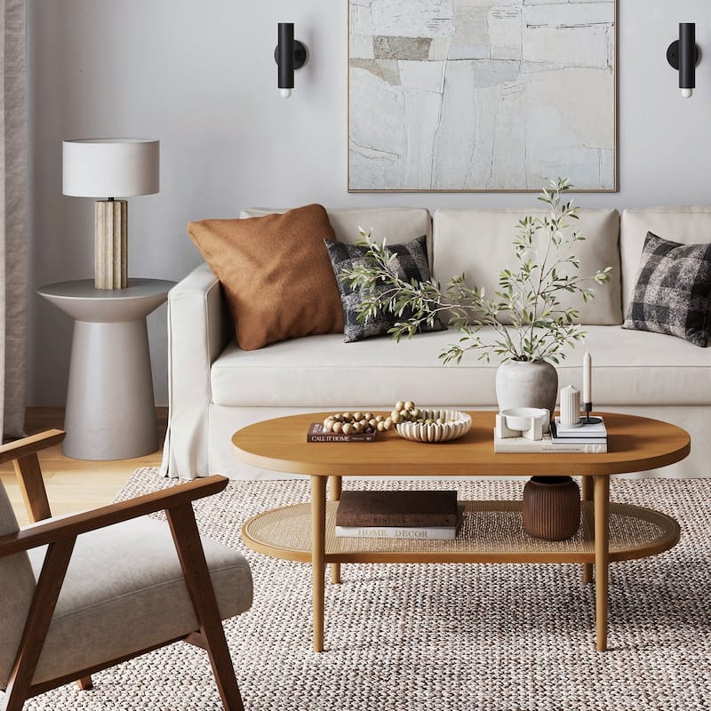 Nathan James Sonia Bohemian 2-Tier Oval Cane Coffee Table in Light Wood With Rattan Storage Shelf