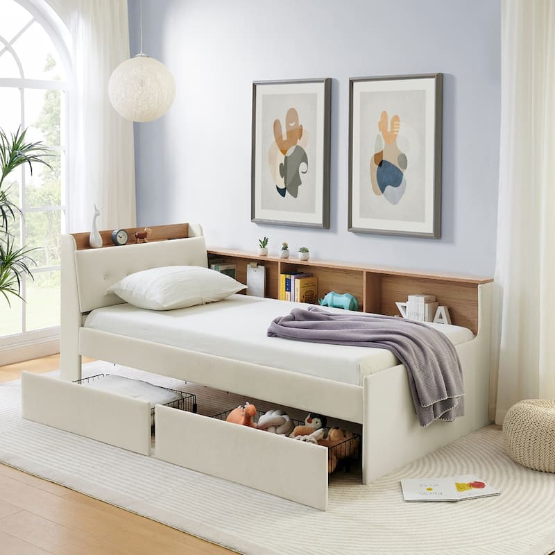 Twin Size Velvet Upholstered Daybed with Storage Headboard, LED and Wireless Charging - Optional Trundle Bed or Storage Drawers